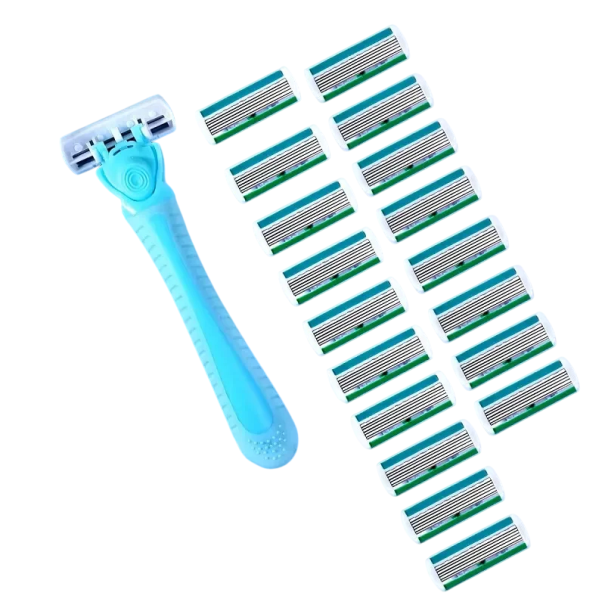 Juego de maquinillas manuales 13,5 x 4,5 x 2,3 cm 1 maquinilla de afeitar + 18 cuchillas Acero inoxidable de seis capas Afeitado femenino Cabezal intercambiable azul