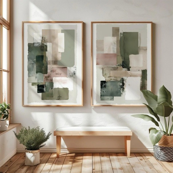 Juego de pósters retro japoneses abstractos con formas geométricas 20x30 cm lienzo sin marco decoración de pared verde beige 1