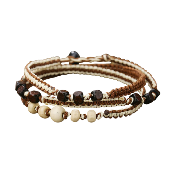 Juego de pulseras de cuentas trenzadas para hombres 3 unidades diámetro 17 cm combinación de madera y cuerda marrón y beige para la muñeca con estilo 1