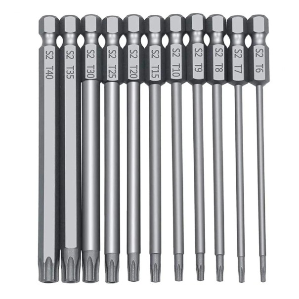 Juego de puntas Torx largas S2 de 100 mm de longitud, 11 piezas, T40, T35, T30, T25, T20, T15, T10, T9, T8, T7 y T6 para destornilladores y taladros inalámbricos. 1