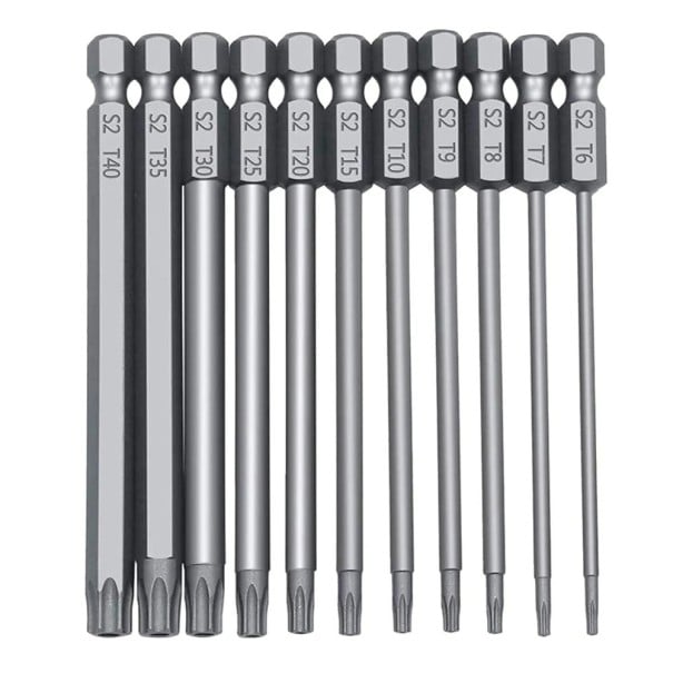 Juego de puntas Torx largas S2 de 100 mm de longitud, 11 piezas, T40, T35, T30, T25, T20, T15, T10, T9, T8, T7 y T6 para destornilladores y taladros 1