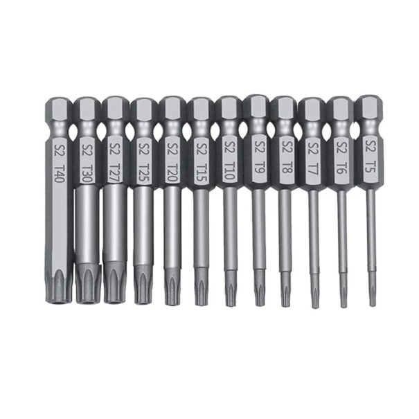 Juego de puntas Torx S2 de 50 mm de longitud, 12 piezas, T40, T30, T27, T25, T20, T15, T10, T9, T8, T7, T6, T5 para destornillador y taladro inalámbricos. 1