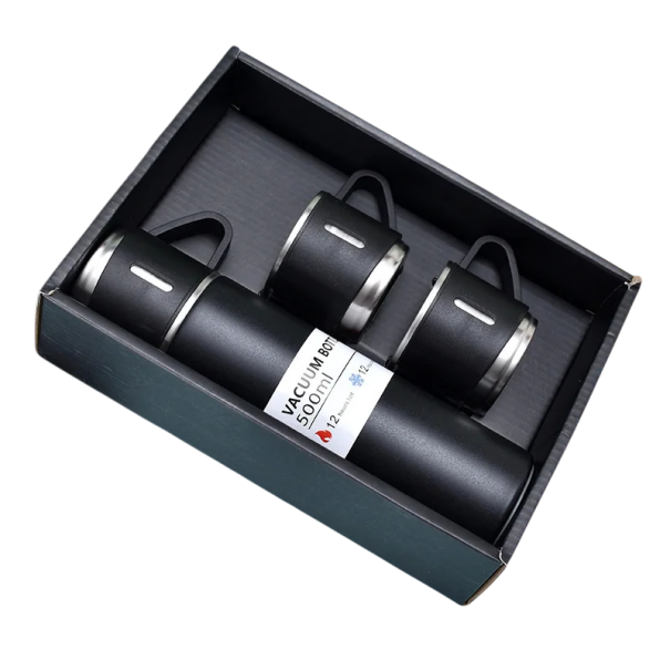 Juego de regalo de termo con tazas 500 ml Termo de acero inoxidable 23,9 × 6,6 cm con 3 tazas 6,6 × 5,9 cm Aislamiento térmico 6–12 horas negro