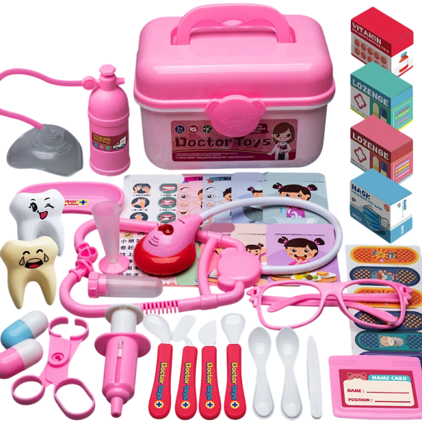 Juego de rol de médico 42 piezas Maletín rosa con accesorios médicos Juego de médico y dentista para cuidar y examinar 1