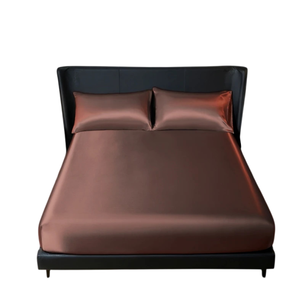 Juego de sábanas con superficie de satén Sábana ajustable 153 x 203 cm + 2 fundas de almohada 50 x 75 cm Lisas y brillantes TAMAÑO QUEEN marrón