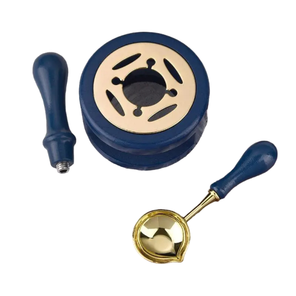 Juego de sellado 3 piezas Juego para hacer lacre Cuchara para sellar, calentador de lacre y mango para sellador azul oscuro