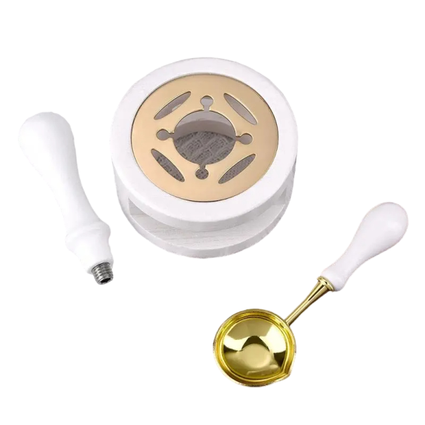 Juego de sellado 3 piezas Juego para hacer lacre Cuchara para sellar, calentador de lacre y mango para sellador blanco