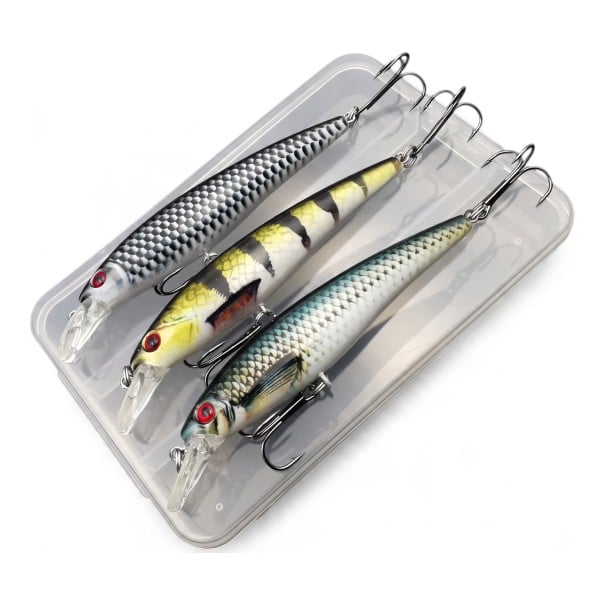 Juego de señuelos hundidos minnow 3 pcs 11 cm en caja de plástico Señuelos artificiales con ojos 3D y anzuelos triples ABS Para la pesca de peces 1