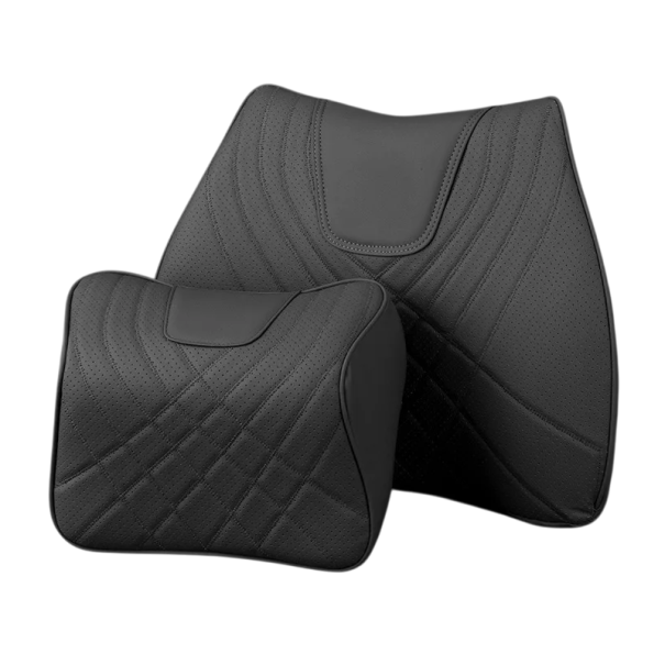 Juego de soporte lumbar y almohada para el cuello de coche Espuma viscoelástica Cuero sintético Soporte ergonómico para la espalda y la cabeza Viaje cómodo negro