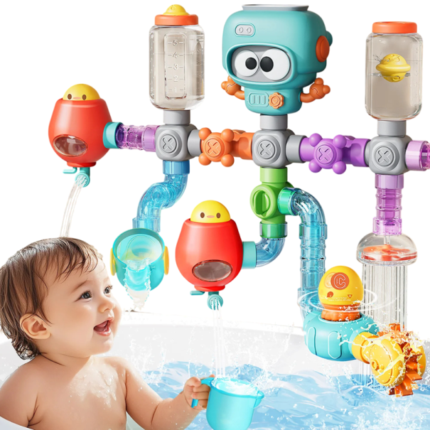 Juego de tuberías de agua para la bañera 27 piezas 37 x 32 x 7,5 cm Pulpo rociador veleta cohete vaso flotante válvulas y efectos de agua 1