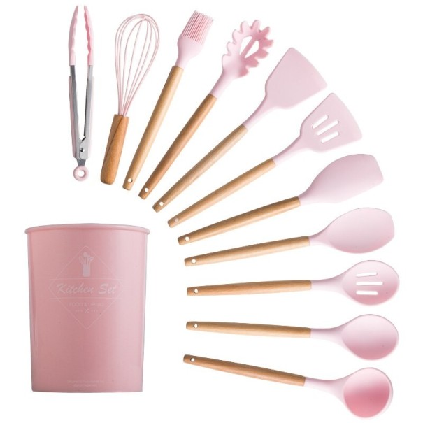 Juego de utensilios de cocina en soporte 12 piezas rosa