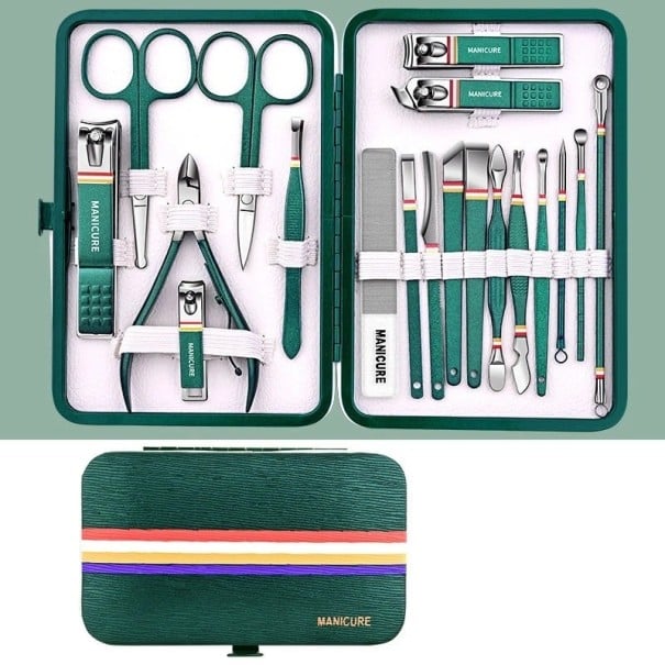 Juego Profesional de Manicura y Pedicura de Acero Inoxidable en Estuche de Cuero 19 Pzs verde