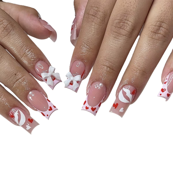 Juego romántico de uñas artificiales con forma cuadrada, lazos 3D y corazones, 12 tamaños, pegamento y lima incluidos, 24 elegantes tips 1
