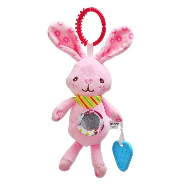 Juguete colgante para bebés Conejito rosa con espejo y mordedor para cuna, silla de coche o cochecito 1