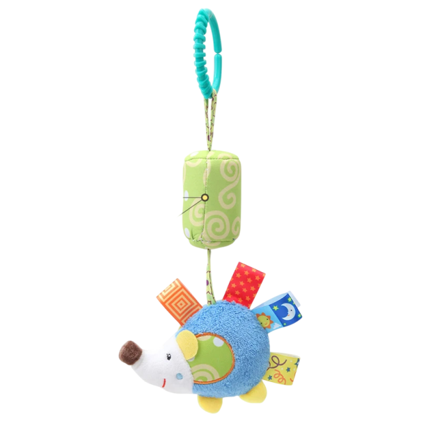 Juguete colgante para bebés Erizo de peluche con cascabel y etiquetas para cochecito, cuna o silla de coche 29 cm 1