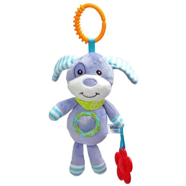 Juguete colgante para bebés Perro morado con anilla y mordedor de flor para cochecito o cuna 1