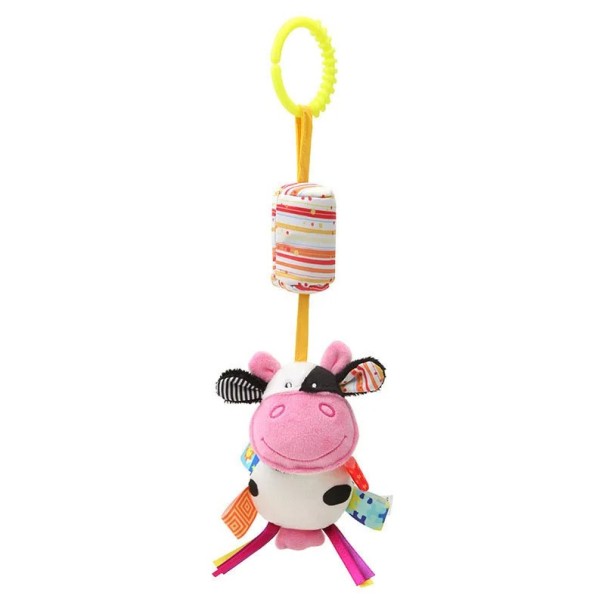 Juguete colgante para bebés Vaca con chirriador y cintas de colores para cochecito o cuna 1