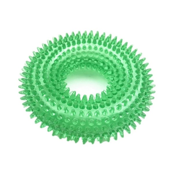 Juguete de goma resistente para perros en forma de hueso espinoso para limpiar dientes 10 cm de color verde