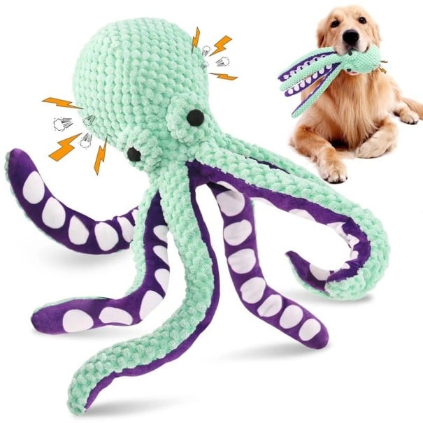 Juguete de peluche chirriante para perros de 34 cm, pulpo verde, juguete interactivo para perros con sonido, juguete de peluche suave para masticar 1