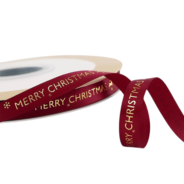 Julband 1 cm x 5 m Polyesterband med tryck för presentinslagning, dekoration, tårtor, buketter, juldekoration och kreativa DIY-projekt vinröd