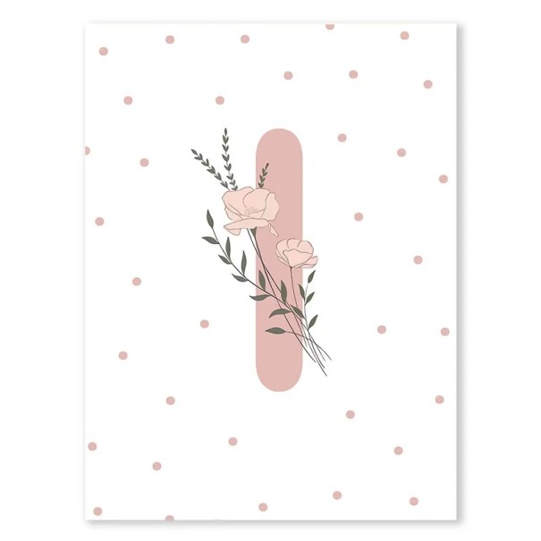 Juliste 30 x 40 cm Vaaleanpunainen kukkakuviointi "I" Kankainen taulu ilman kehystä Seinäkoriste lastenhuoneeseen ja tyttöjen sisustukseen 1