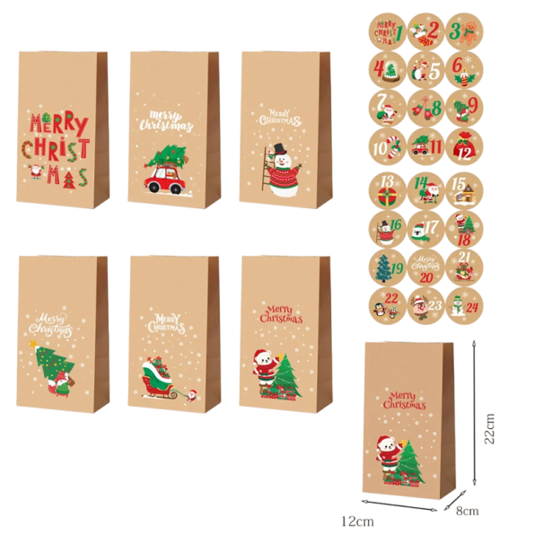 Julklappspåsar 24 st 22 x 12 x 8 cm Retro kraftpapperspåsar med julmotiv och klistermärken 1