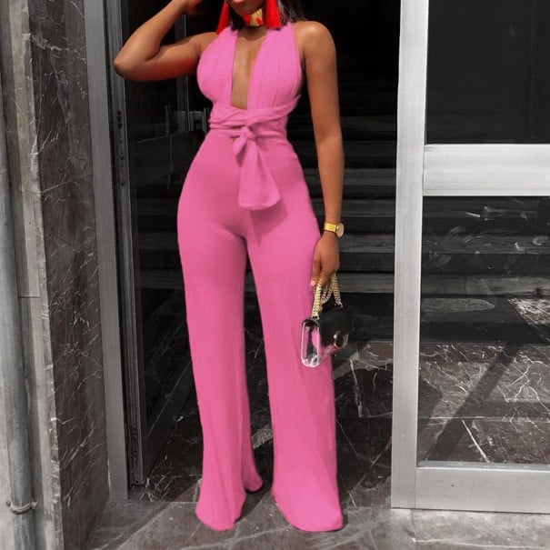 Jumpsuit för kvinnor med djup urringning och knytband rosa XL