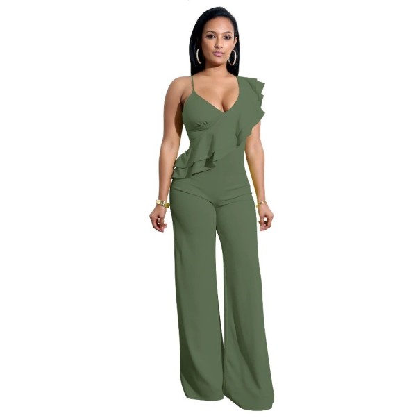 Jumpsuit för kvinnor med volanger armégrön S