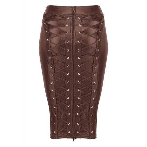 Jupe en cuir pour femme avec fermeture éclair et lacets marron M