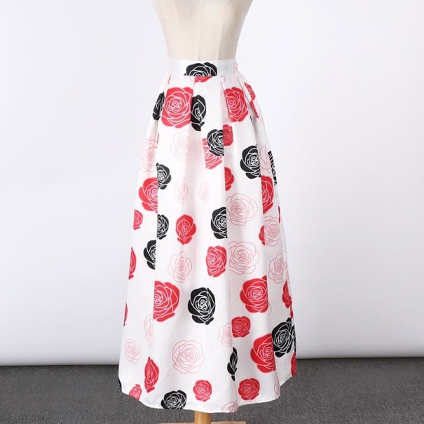 Jupe longue blanche pour femme avec imprimé de roses rouges et noires Taille élastique Taille universelle Polyester avec élasthanne Plis à la taille 1