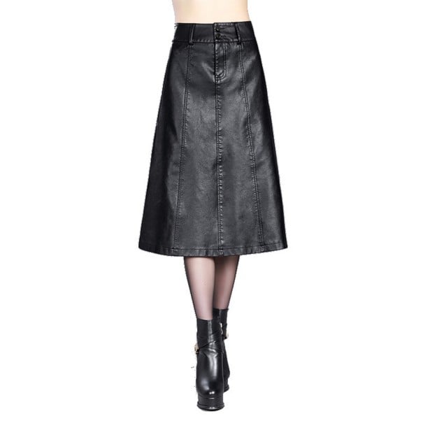 Jupe longue en simili cuir pour femme Noire Coutures verticales cousues Fermeture à bouton et à zip Surface avec une texture de cuir douce XL