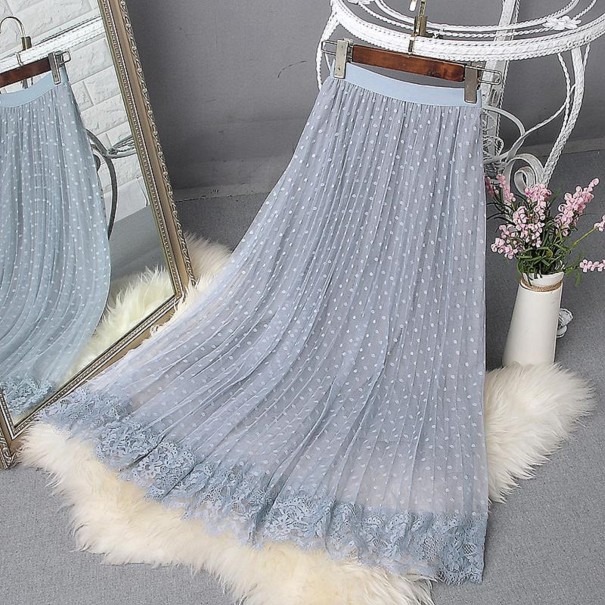 Jupe longue femme avec dentelle et pois bleu clair