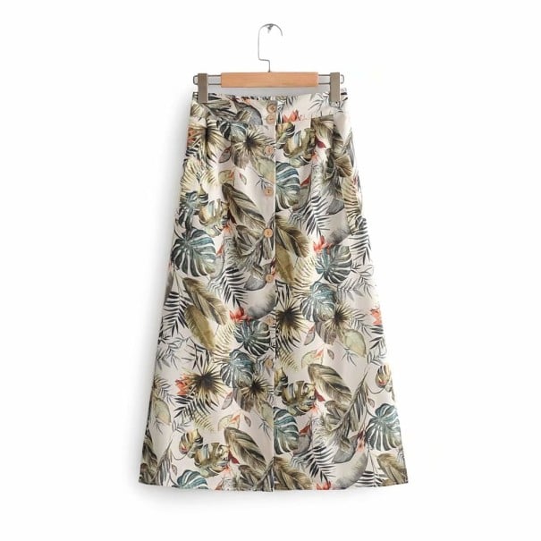 Jupe longue femme avec une rangée de boutons à l'avant Beige avec imprimé de feuilles tropicales Taille froncée à l'arrière Mélange S