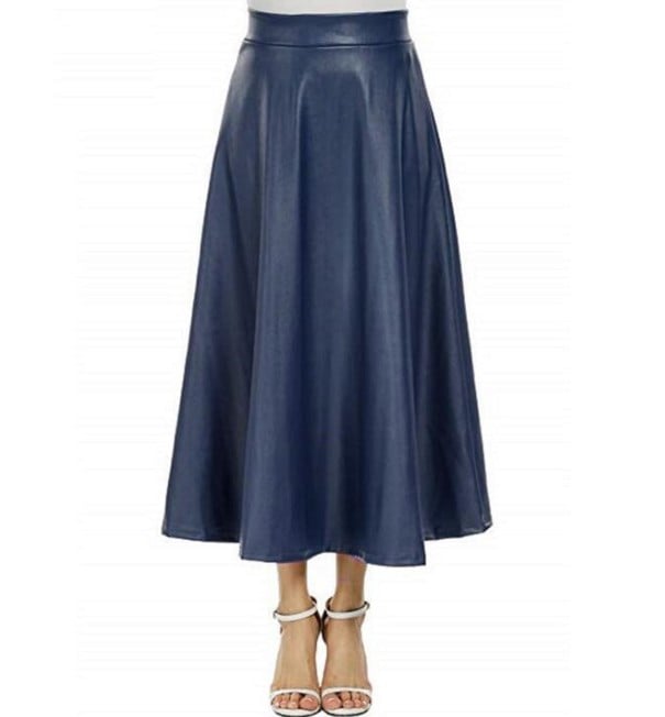 Jupe longue femme en simili cuir avec taille haute Coupe évasée Surface lisse et brillante Composition en polyester et spandex bleu foncé L