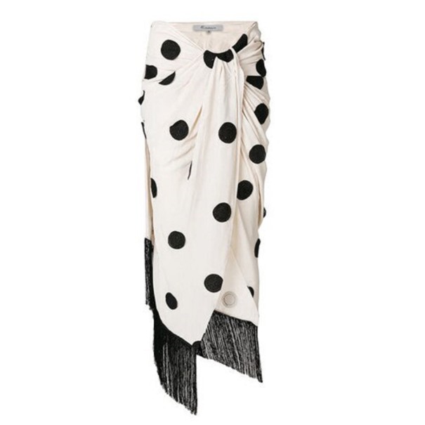 Jupe maxi crème pour femme avec des pois noirs et des franges Coupe drapée asymétrique avec fronces à la taille Fente haute Polyester avec spandex L