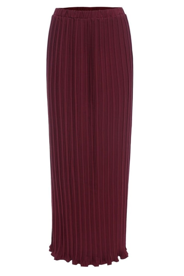 Jupe maxi plissée pour femme avec de fins plis verticaux Coupe droite et étroite jusqu'aux chevilles Taille large Ourlet ondulé Chiffon bordeaux L