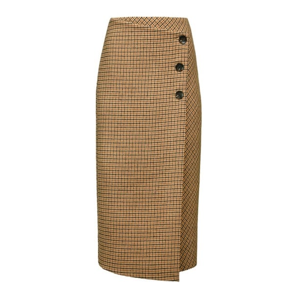 Jupe midi femme à motif écossais avec pli et boutons Motif marron subtil Laine et polyester Jupe élégante pour tous les jours M