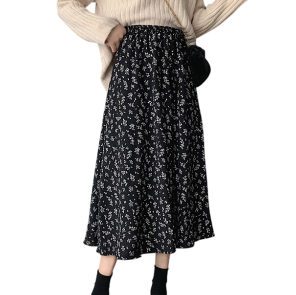 Jupe midi femme à motif floral Jupe légère en A avec taille élastique Jupe d'été pour la ville, pour se promener ou au travail noir