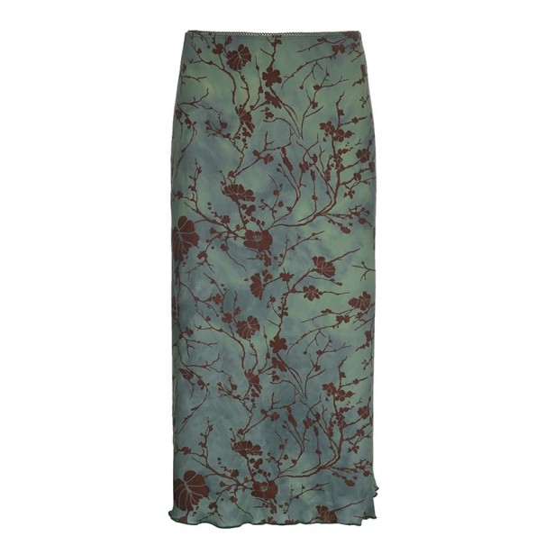 Jupe midi vintage verte à fleurs pour femmes Jupe élégante à taille basse Tissu léger Style boho d'été Mode romantique S
