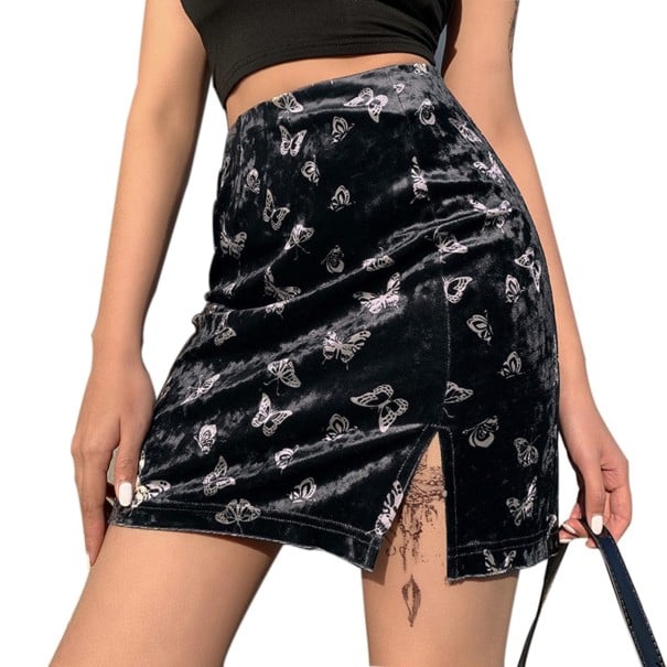 Jupe mini noire pour femmes avec motif de papillons Jupe ajustée au-dessus du genou avec fente et finition brillante Polyester coton et spandex M