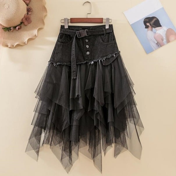 Jupe noire pour femme avec siège en denim et tulle superposé Pointes asymétriques Ceinture avec boucle Boutons et ourlet effiloché Denim M