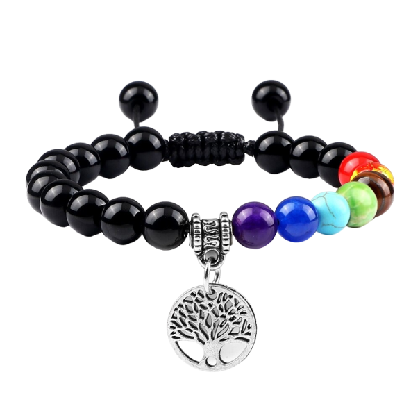 Justerbart armband med sju chakra med obsidianpärlor