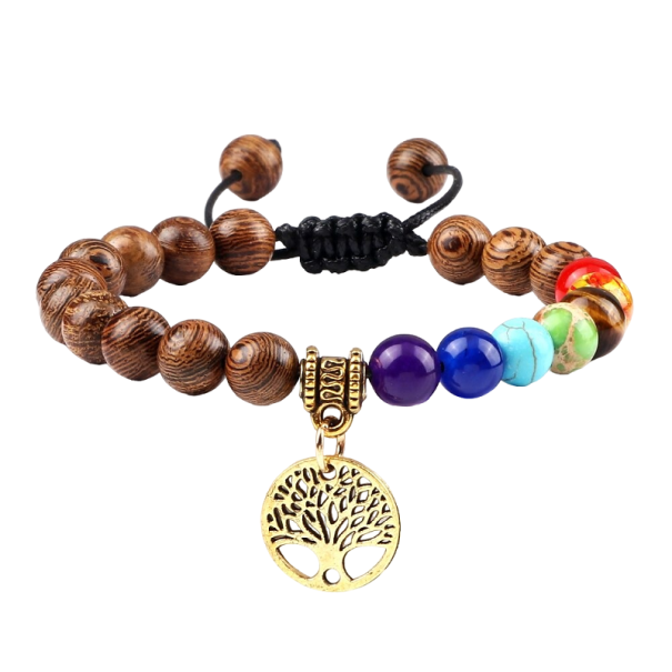 Justerbart sju chakra armband med träpärlor