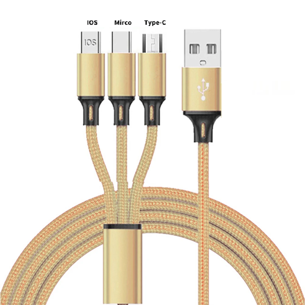 Kabel do szybkiego ładowania 3 w 1 USB-C + micro USB + Lightning 1,2 m 3A kabel do telefonu USB-A szybkie ładowanie złoto