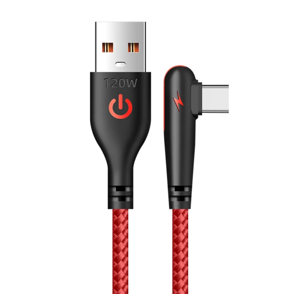 Kabel do szybkiego ładowania USB-C i USB-A 90 stopni 1,5 m Szybkie ładowanie 6 A 120 W Trwałe złącze Kabel do ładowania Akcesoria do telefonów czerwony