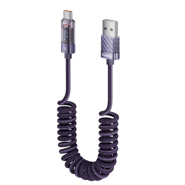 Kabel USB C do USB A do szybkiego ładowania 1,8 m 66 W 6 A Elastyczny kabel sprężynowy z wyświetlaczem LED Kabel do transmisji danych USB 2.0 480 Mb/s Kabel ładujący typu C fioletowy