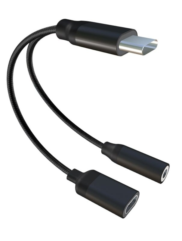 Kabeladapter USB-C auf 3,5mm Klinke und USB-C zum Musikhören beim Laden Umwickeltes Nylonkabel Anschlüsse aus Aluminiumlegierung schwarz