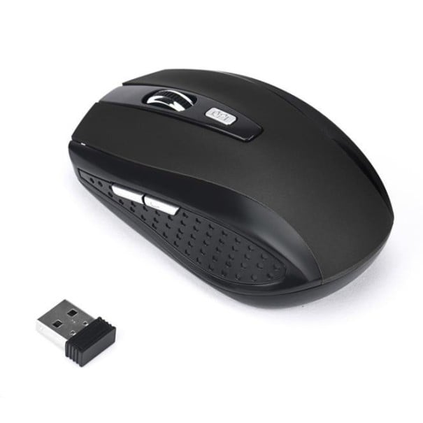 Kabellose Gaming-Maus 2000 DPI mit kleinem USB-Empfänger 2,4 GHz Reichweite 10 m Zwei Seitentasten und DPI-Taste Batteriebetrieb 2x AAA 10 x 6 schwarz