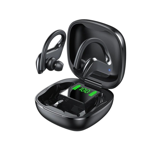 Kabellose In-Ear-Kopfhörer mit Ohrenhaken Ladebox mit Batteriestatus-Display Bluetooth 5.0 Lautstärkeregelung und Anrufsteuerung schwarz