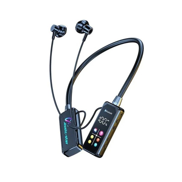 Kabellose Kopfhörer mit Nackenband und LED-Display Bluetooth 5.4 USB-C Ladeanschluss wasserdicht für Sport und alltägliches Musikhören schwarz